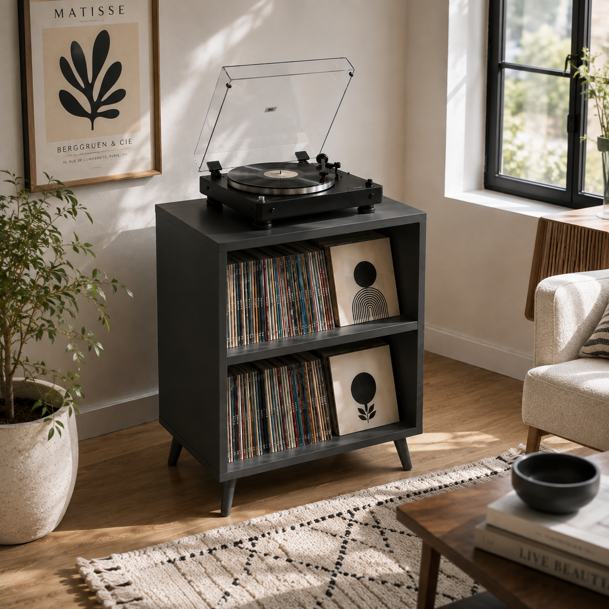 Tall Record Player Stand with Vinyl Storage – Modern Turntable Stand & LP Organizer