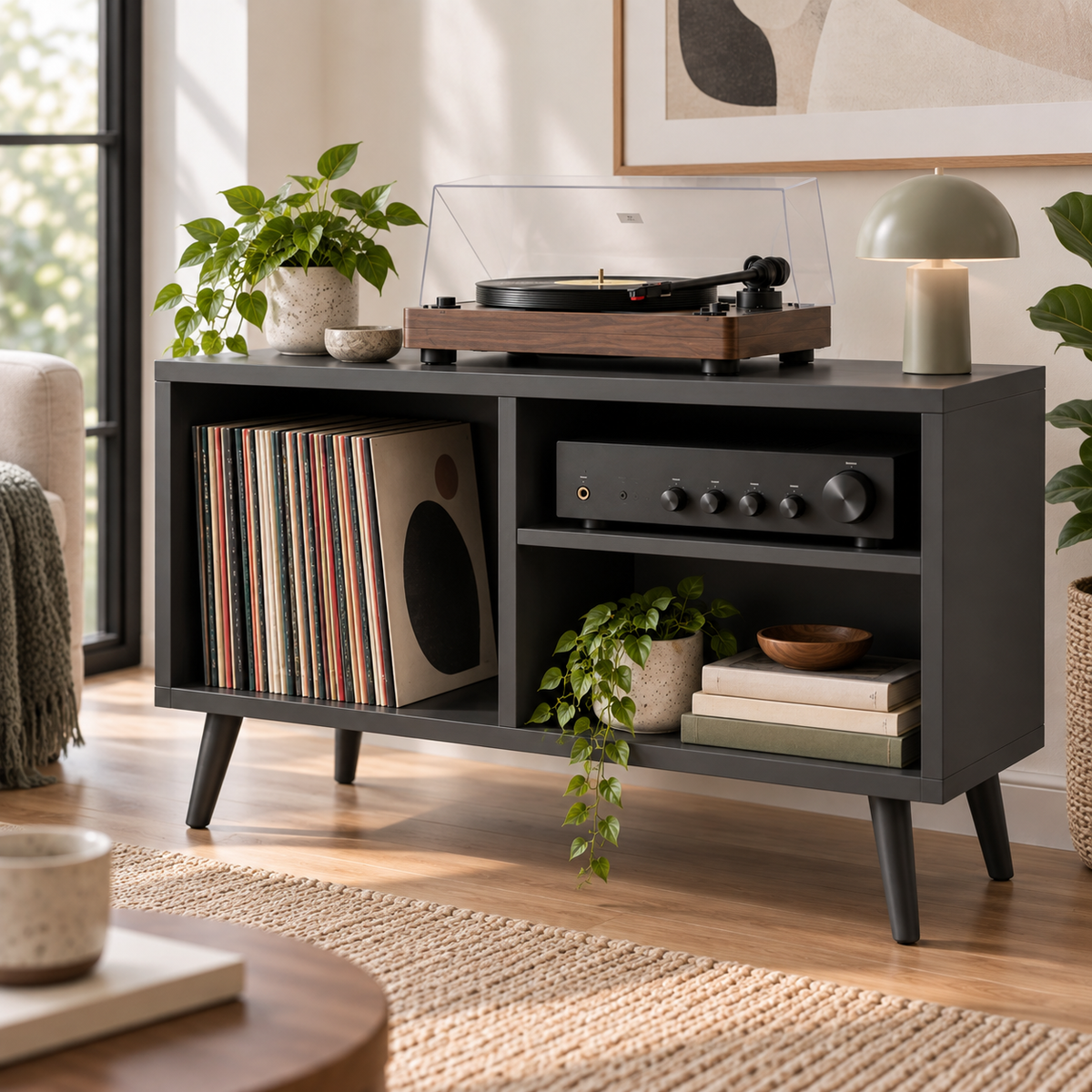 Modern Record Player Stand with Vinyl Storage – Turntable Table & LP Organizer