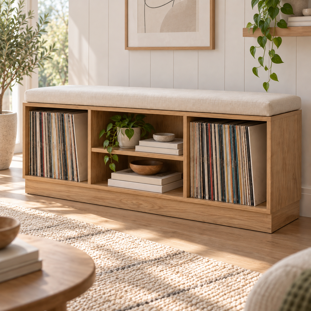 Vinyl Record Storage Bench – LP Organizer & Listening Room