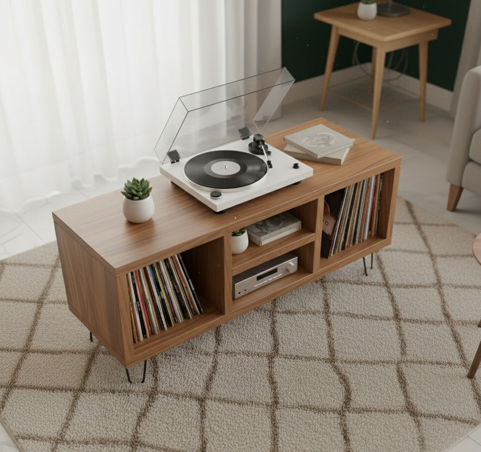 Low Profile Record Player Stand with Vinyl Storage – Turntable Cabinet & LP Organizer