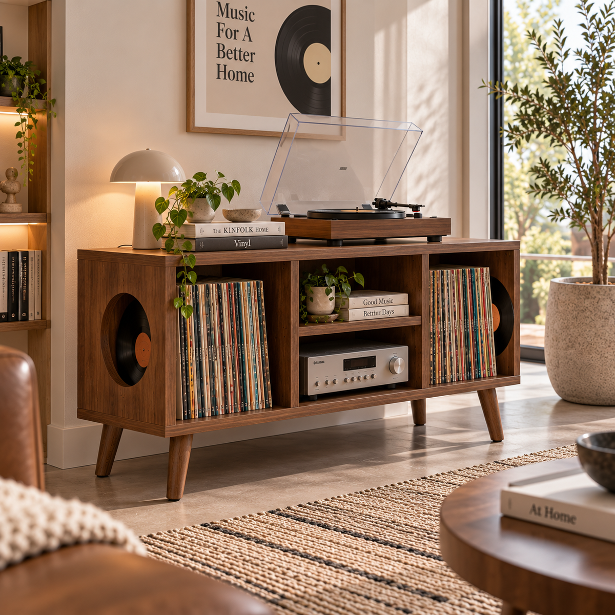 Vinyl Record Storage Console with Turntable Stand – Modern LP Media Cabinet
