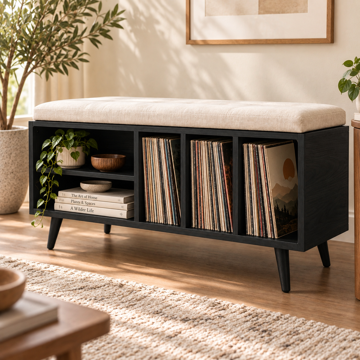 Vinyl Record Storage Bench – LP Organizer & Listening Room