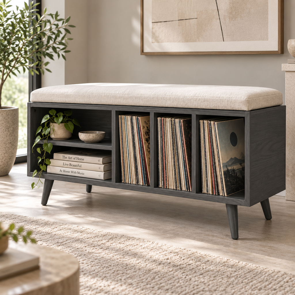 Vinyl Record Storage Bench – LP Organizer & Listening Room