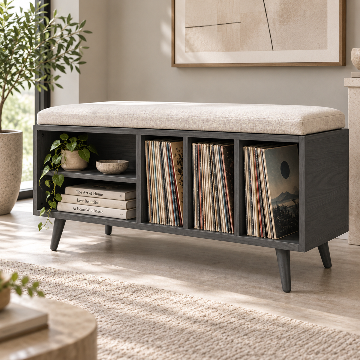 Vinyl Record Storage Bench – LP Organizer & Listening Room