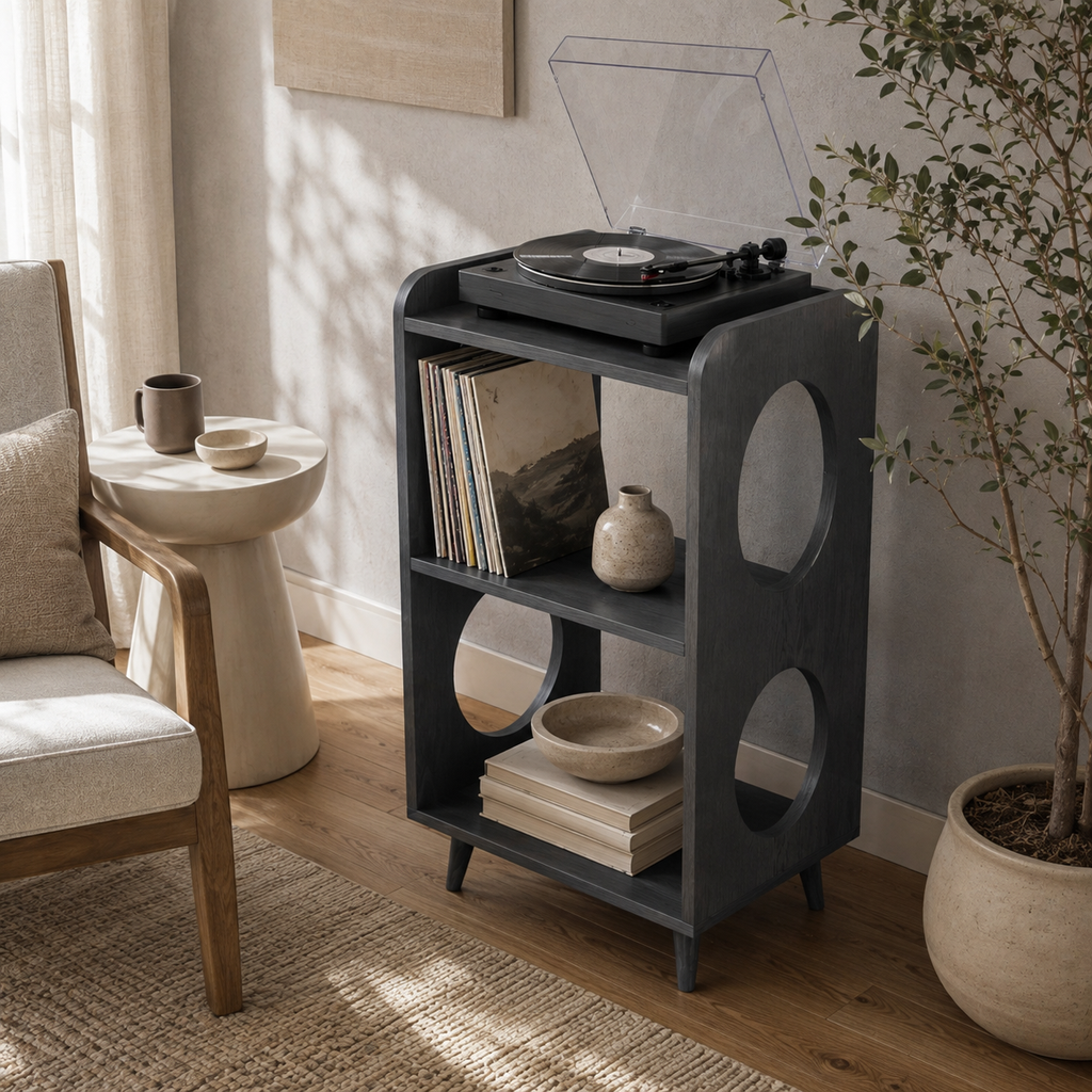 Mid-Century Record Player Stand with Vinyl Storage – Narrow Turntable Stand & LP Organizer