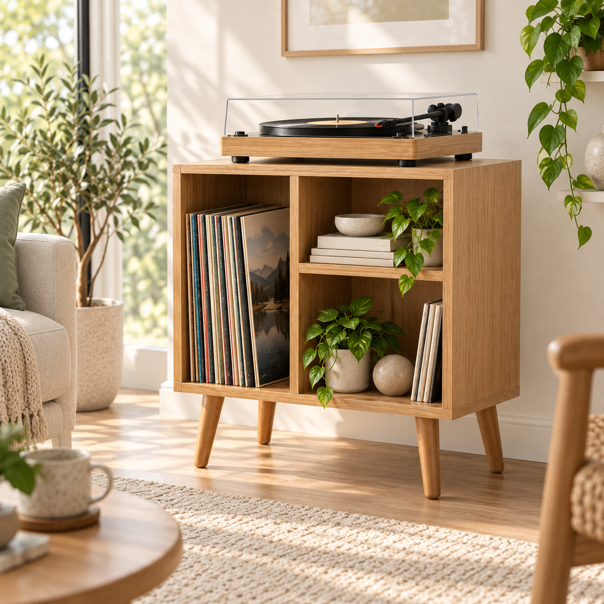 Narrow Record Player Stand with Vinyl Storage – Compact Turntable Cabinet