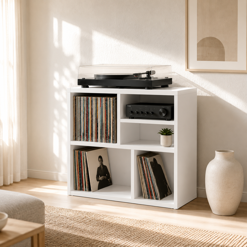Narrow Turntable Stand with Vinyl Record Storage – Compact Record Player Cabinet