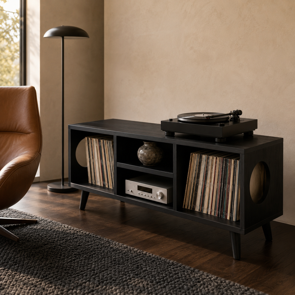 Modern Record Player Stand with Vinyl Storage – Low Turntable Stand & LP Organizer
