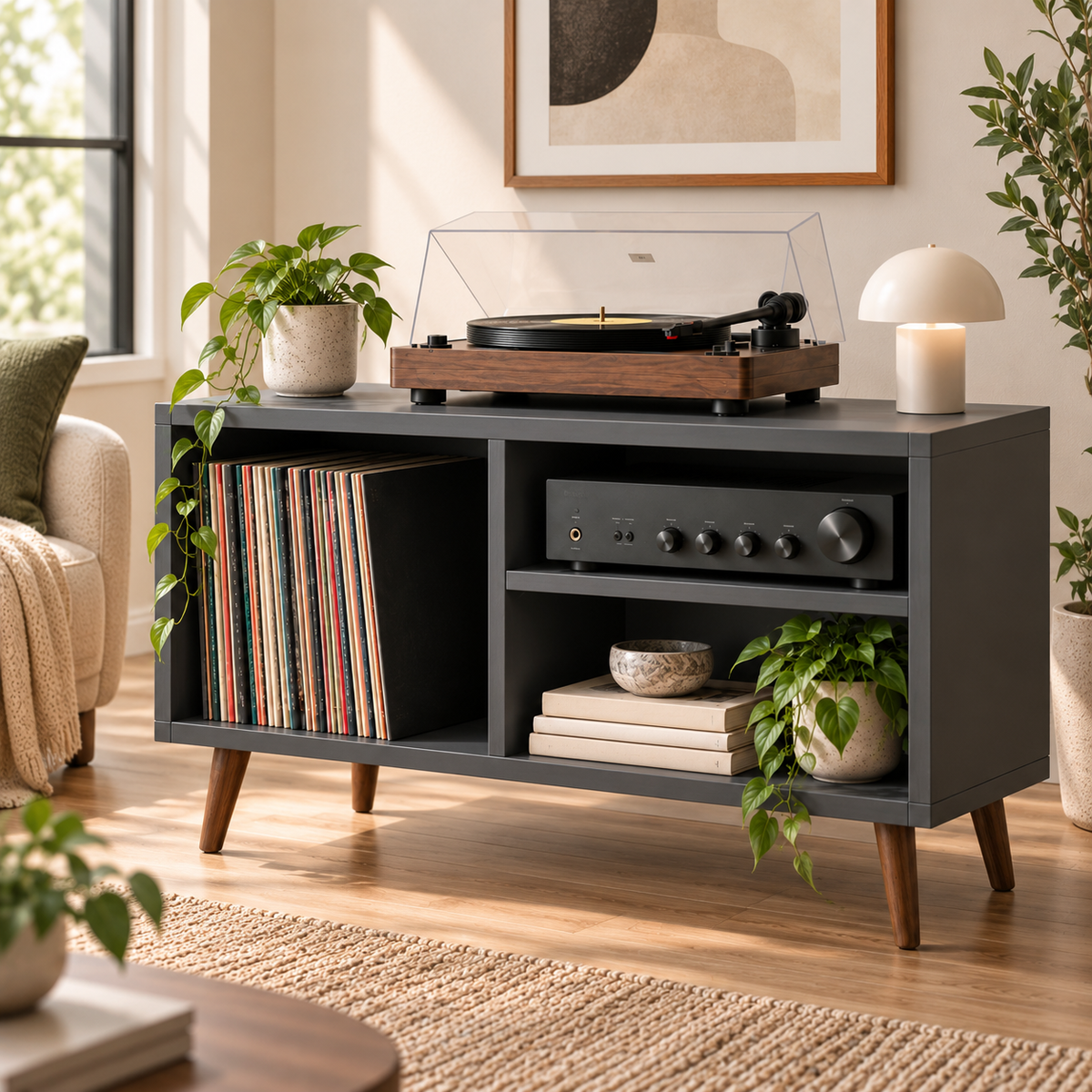 Modern Record Player Stand with Vinyl Storage – Turntable Table & LP Organizer