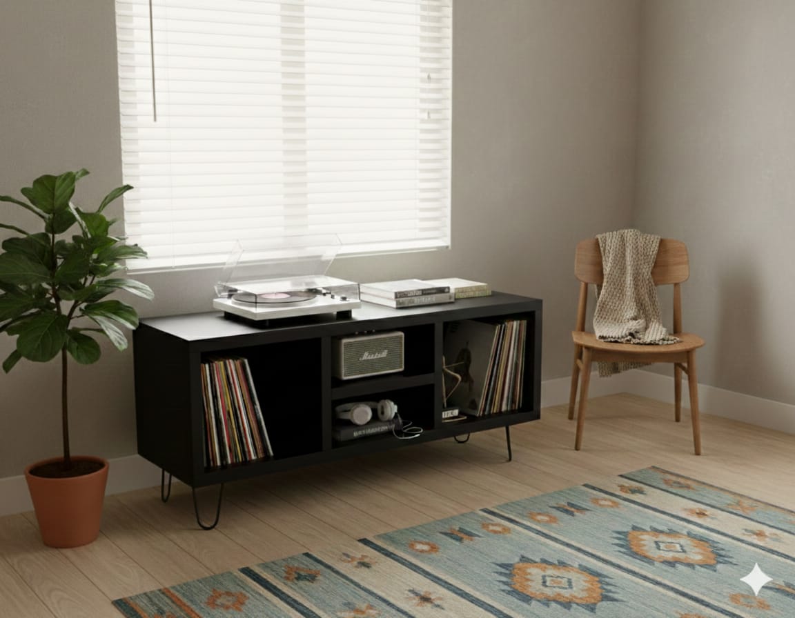 Modern Record Player Stand with Vinyl Storage – Turntable Table & LP Organizer