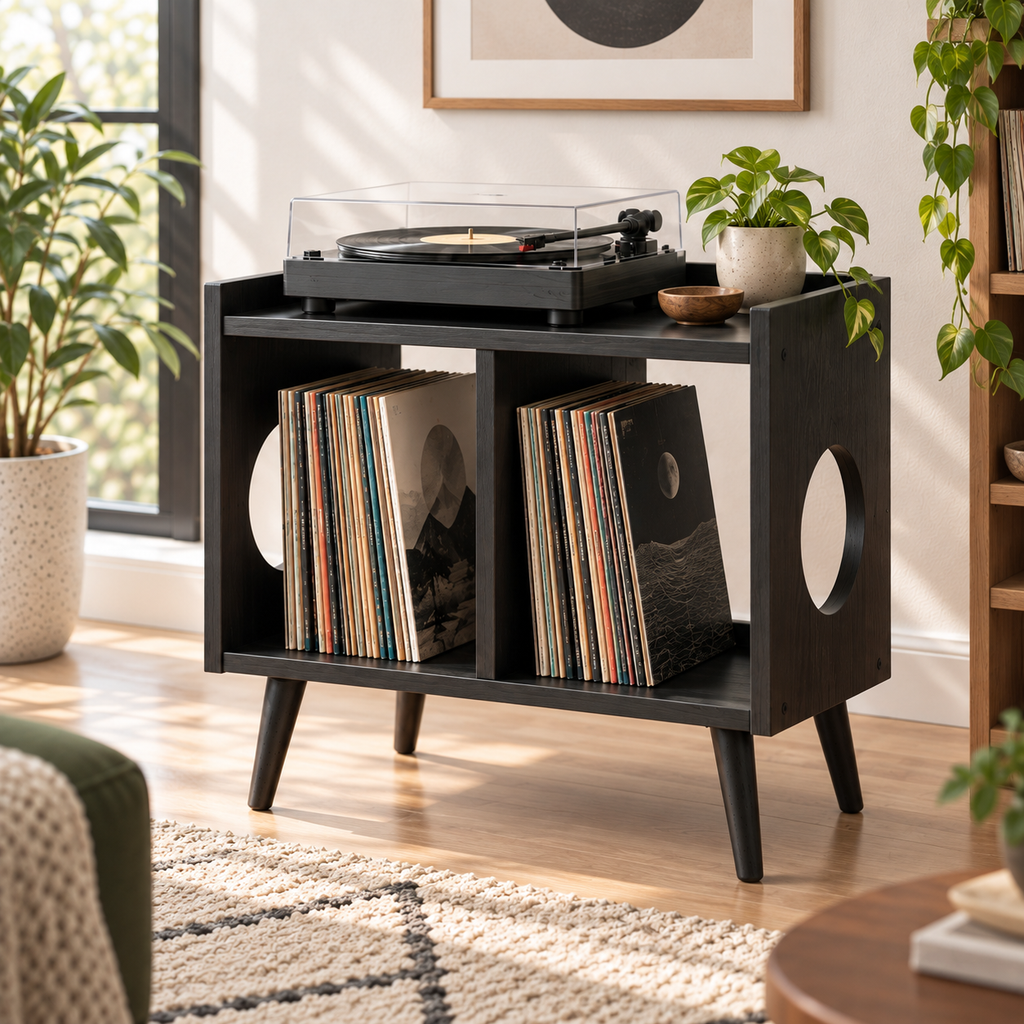 Narrow Record Player Stand with Vinyl Storage – Compact Turntable Cabinet, 45 cm Wide