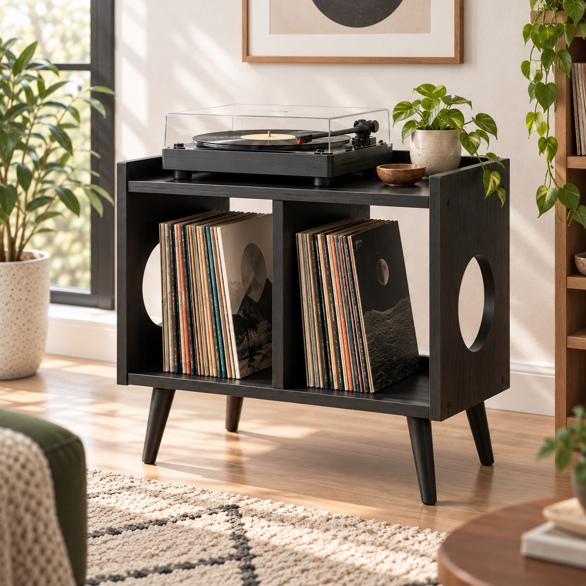 Narrow Record Player Stand with Vinyl Storage – Compact Turntable Cabinet, 45 cm Wide