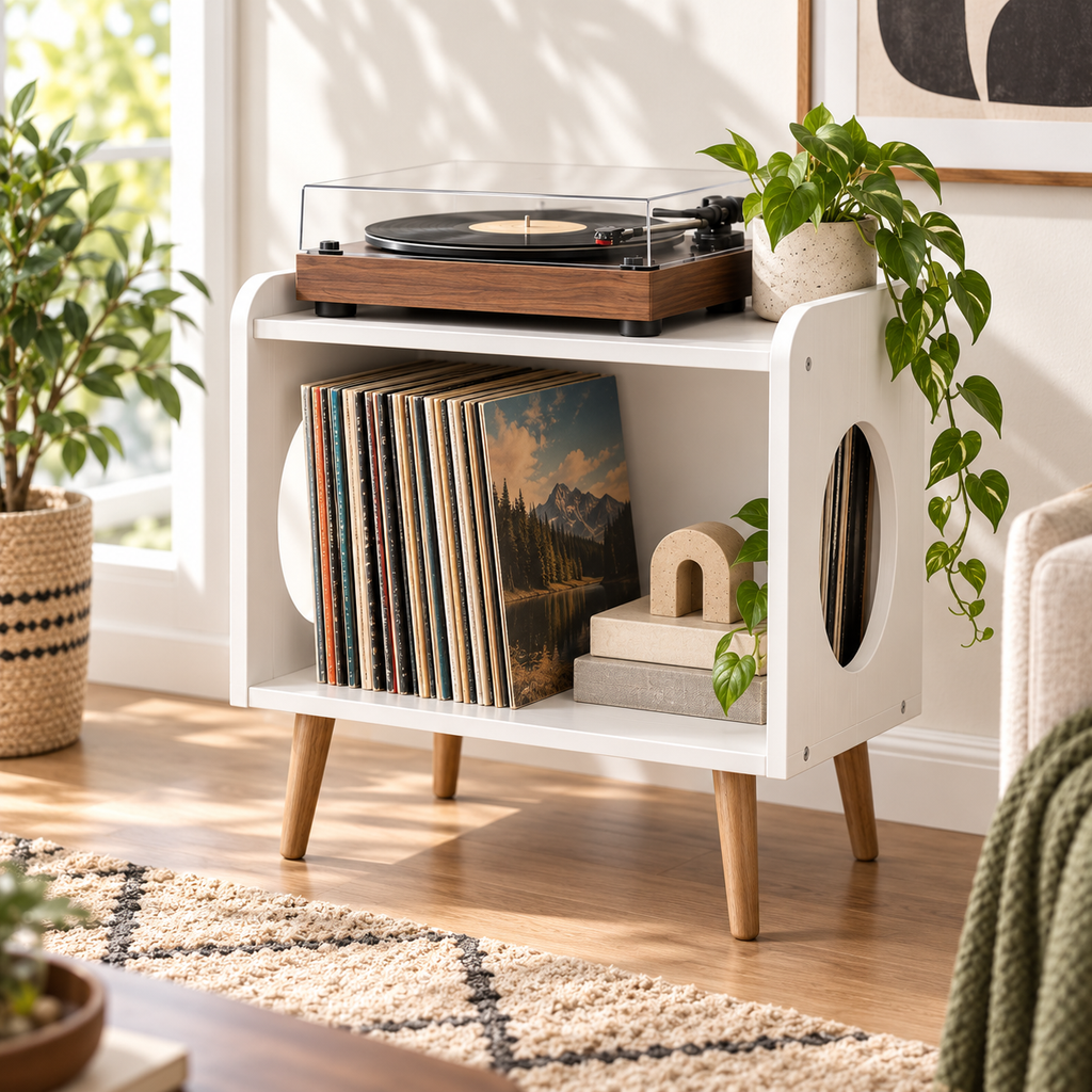 レコードプレーヤー用スリムスタンド（レコード収納付き）– コンパクトターンテーブルキャビネット（幅45cm）