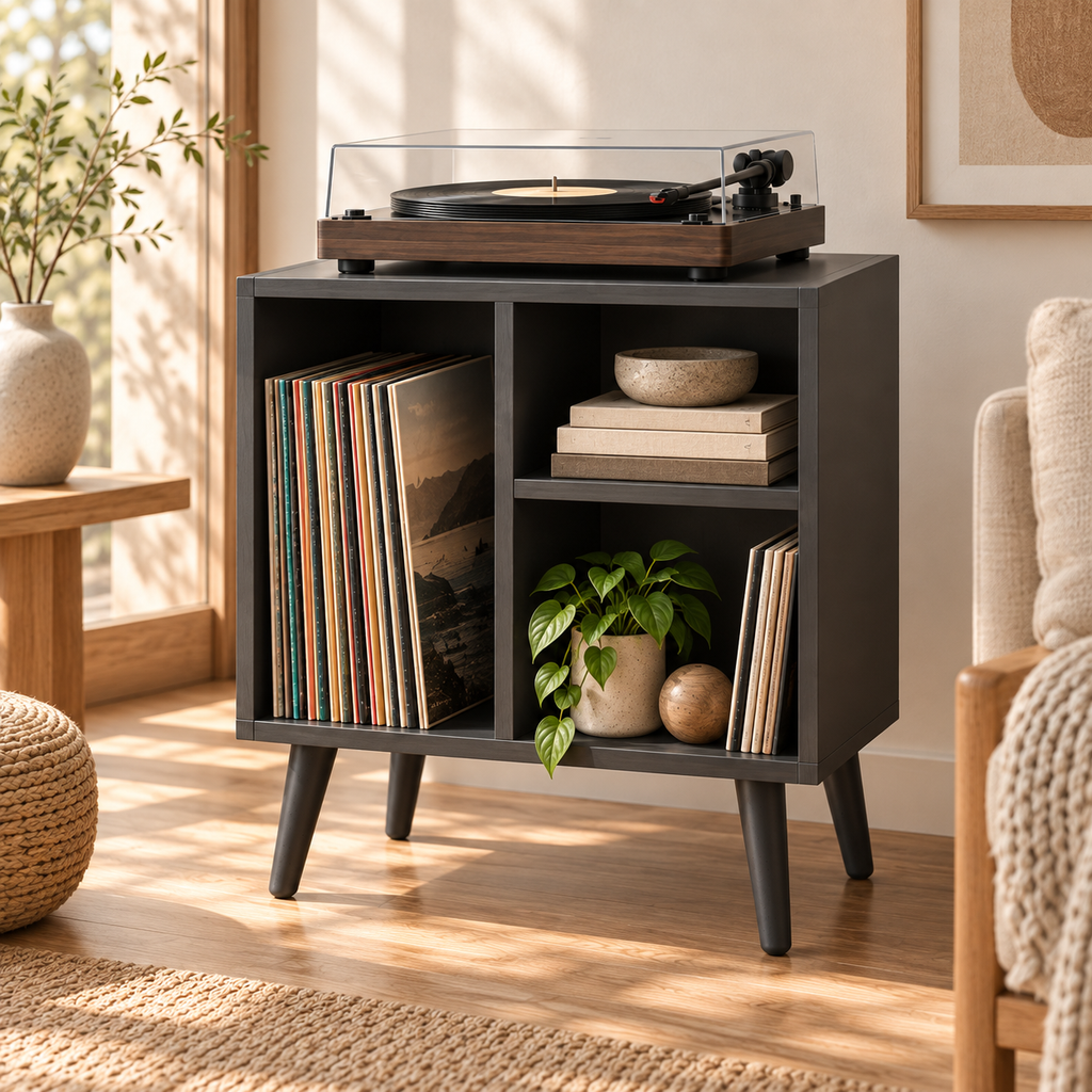 Narrow Record Player Stand with Vinyl Storage – Compact Turntable Cabinet