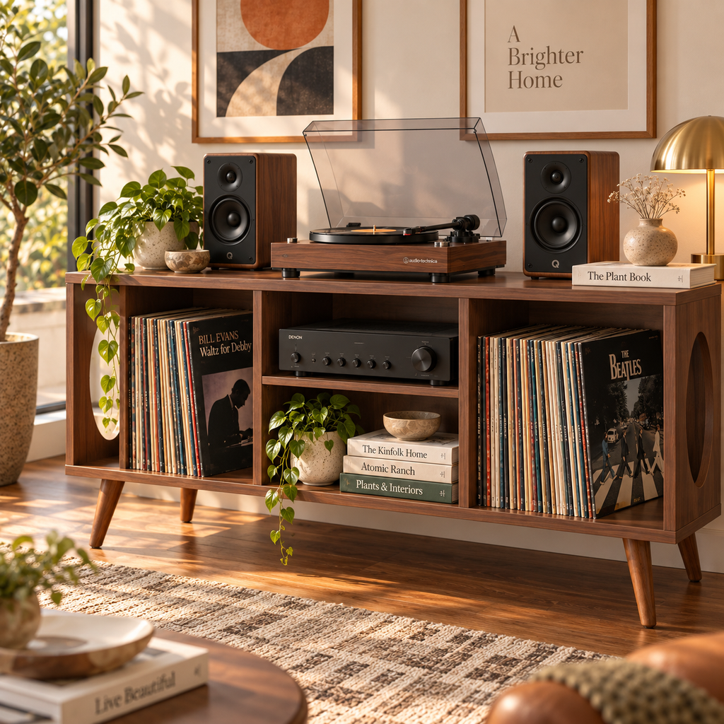 Vinyl Record Storage Console & Turntable Stand | LP Cabinet