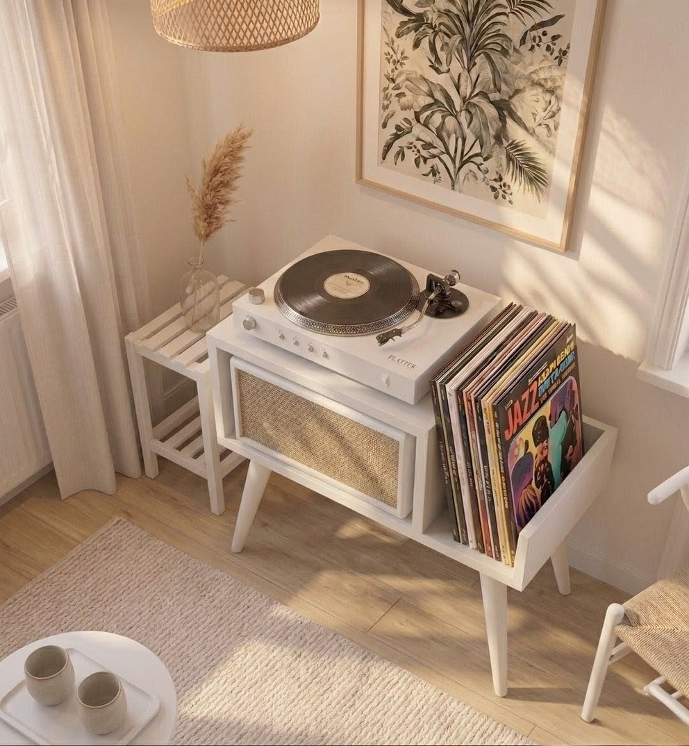 モダンレコードプレーヤースタンド – コンパクトなターンテーブル台＆レコード収納家具