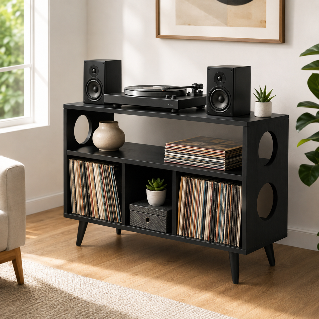 Mid-Century Record Player Stand with Vinyl Storage – Turntable Stand & LP Organizer