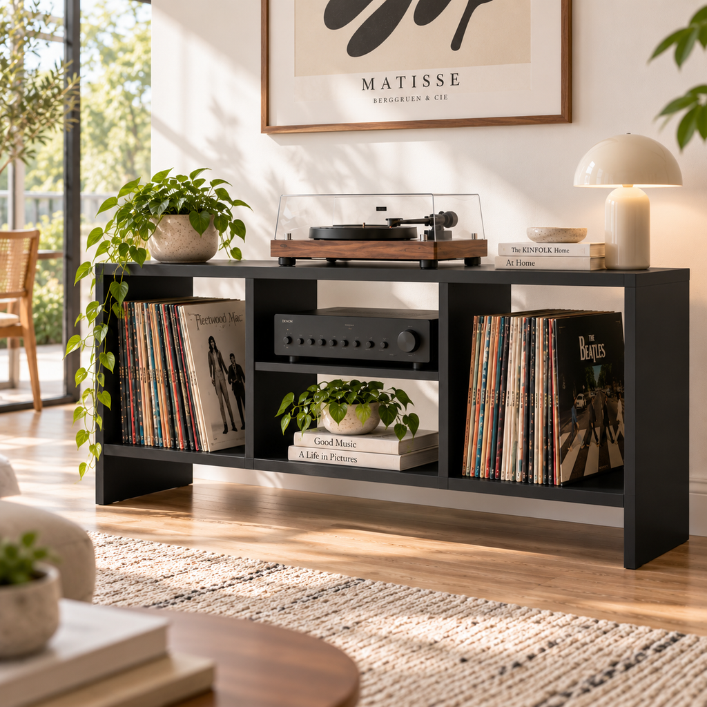 Record Player Stand with Vinyl Storage – Turntable Stand & LP Organizer