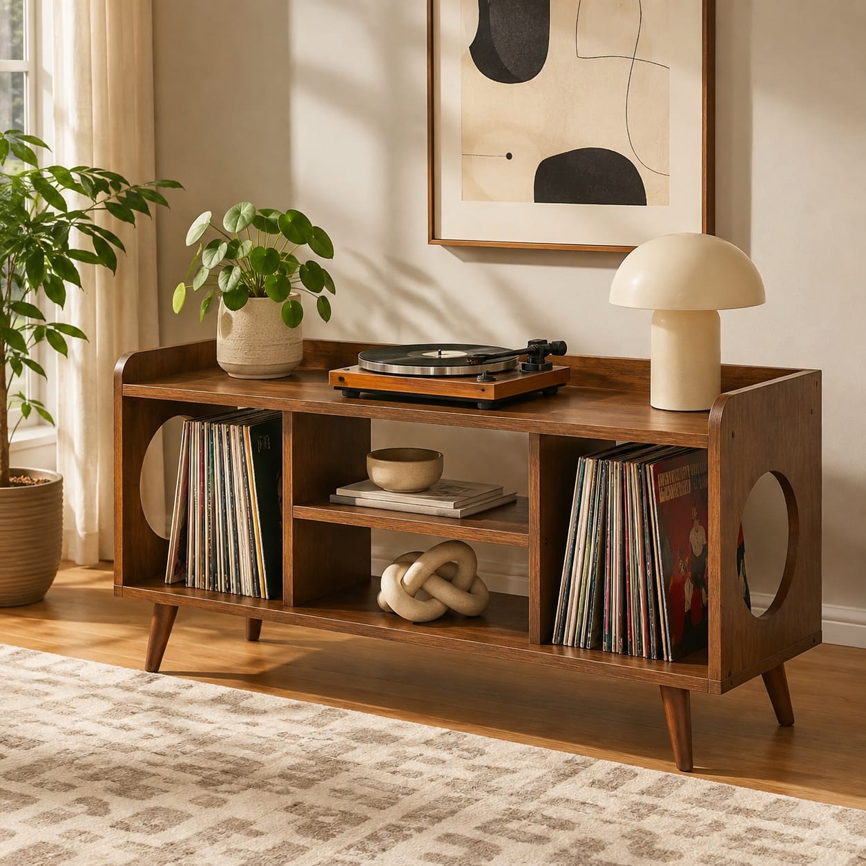 Mid-Century Record Player Table – Turntable Stand with Vinyl Storage & LP Organizer
