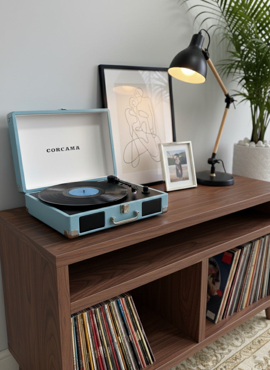Modern Record Player Stand with Vinyl Storage – Turntable Table & LP Organizer