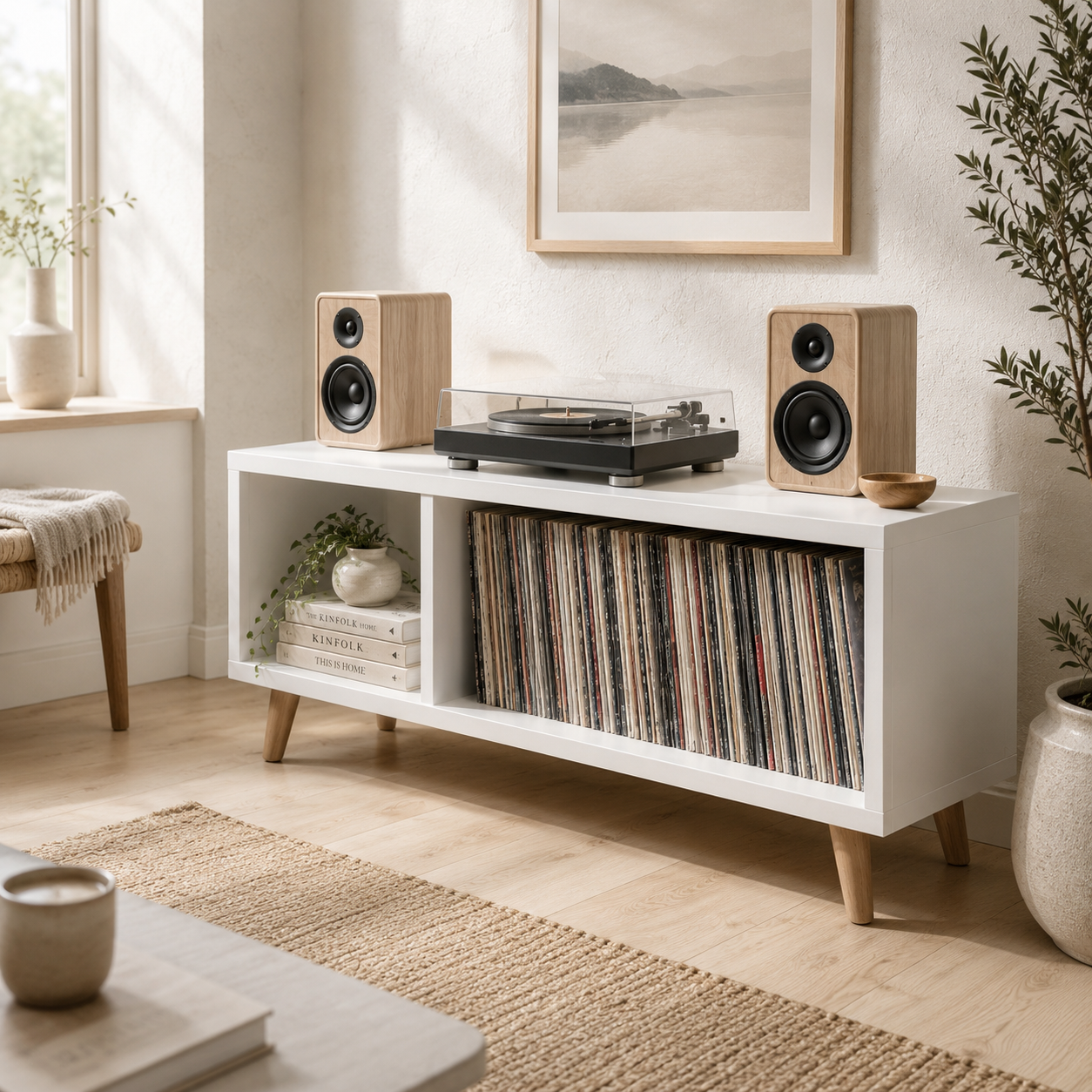 Mid-Century Record Player Stand with Vinyl Storage – LP Organizer & Turntable Stand