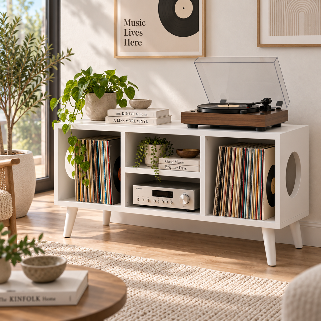 Vinyl Record Storage Console with Turntable Stand – Modern LP Media Cabinet