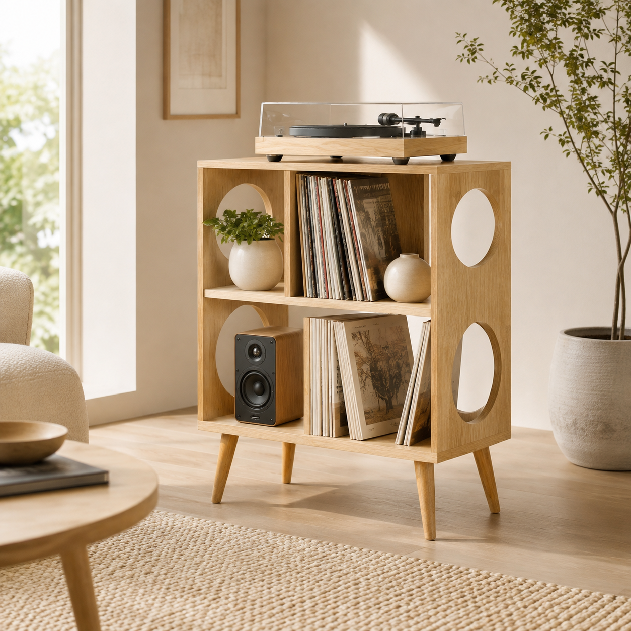 Narrow Record Player Stand with Vinyl Storage – Mid-Century Turntable Stand & LP Organizer