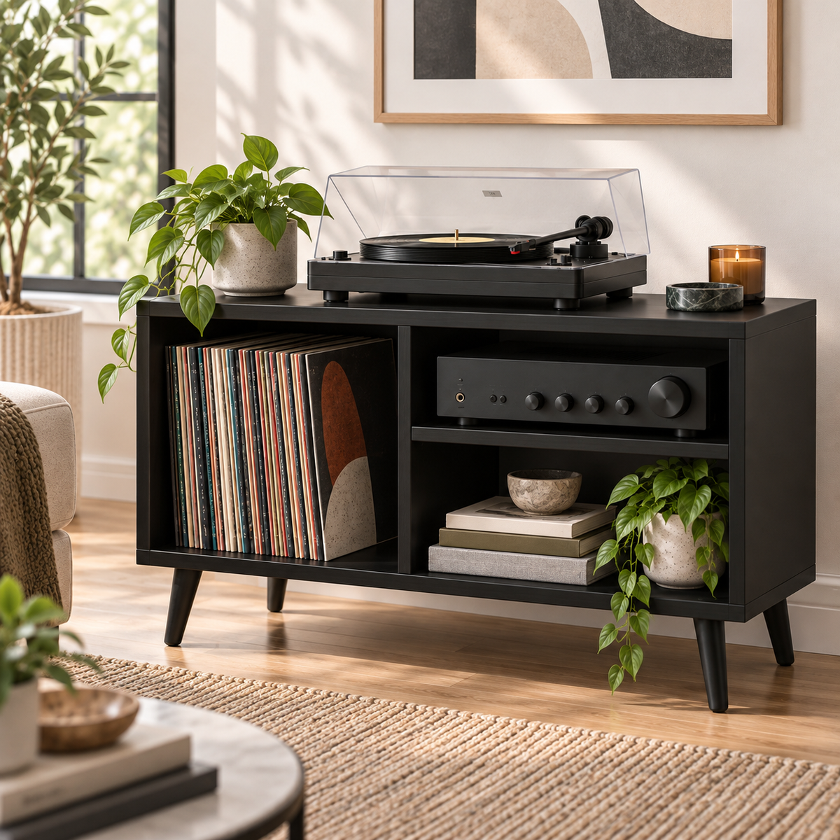 Modern Record Player Stand with Vinyl Storage – Turntable Table & LP Organizer