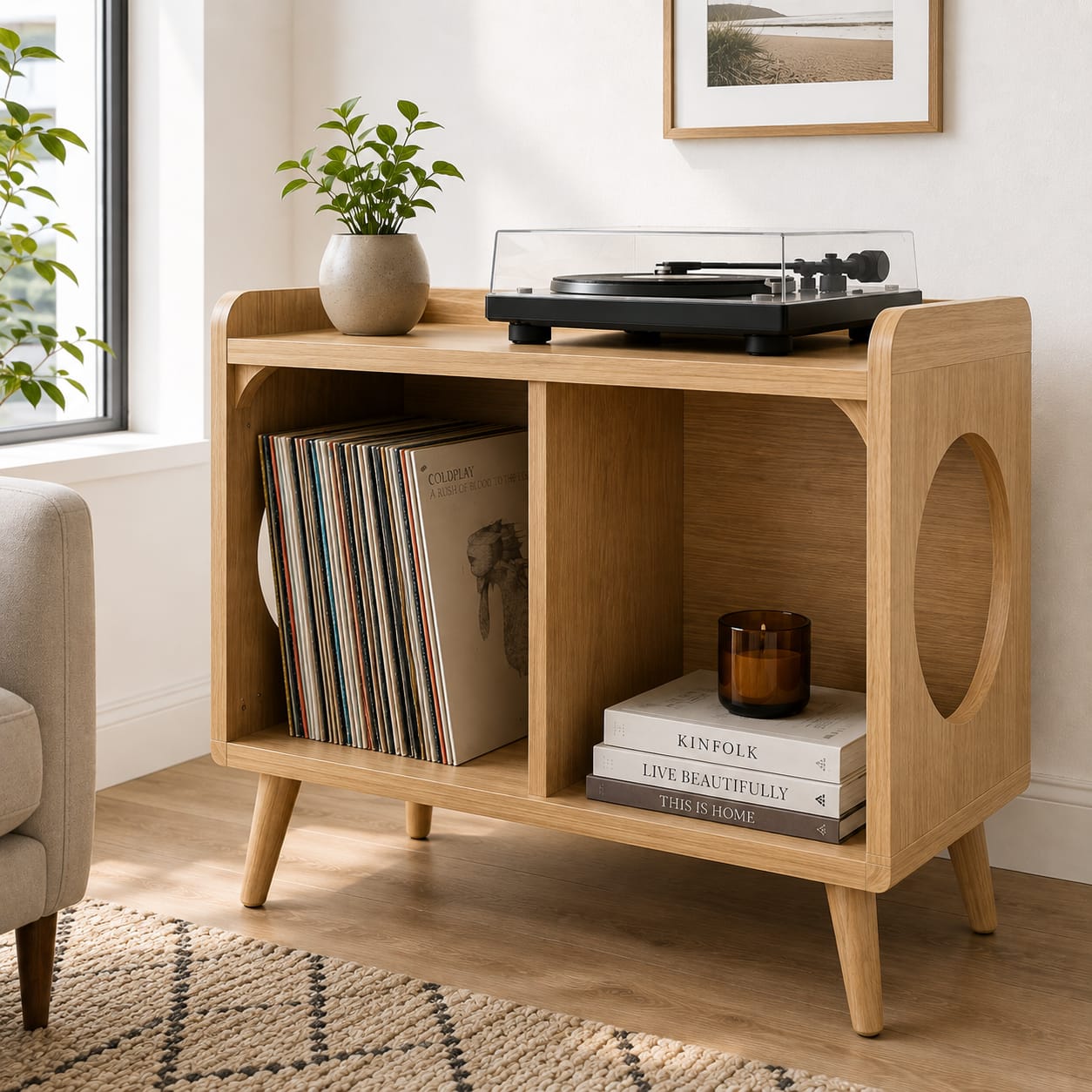 Mid-Century Record Player Stand with Vinyl Storage – 60 cm Turntable Stand & LP Organizer