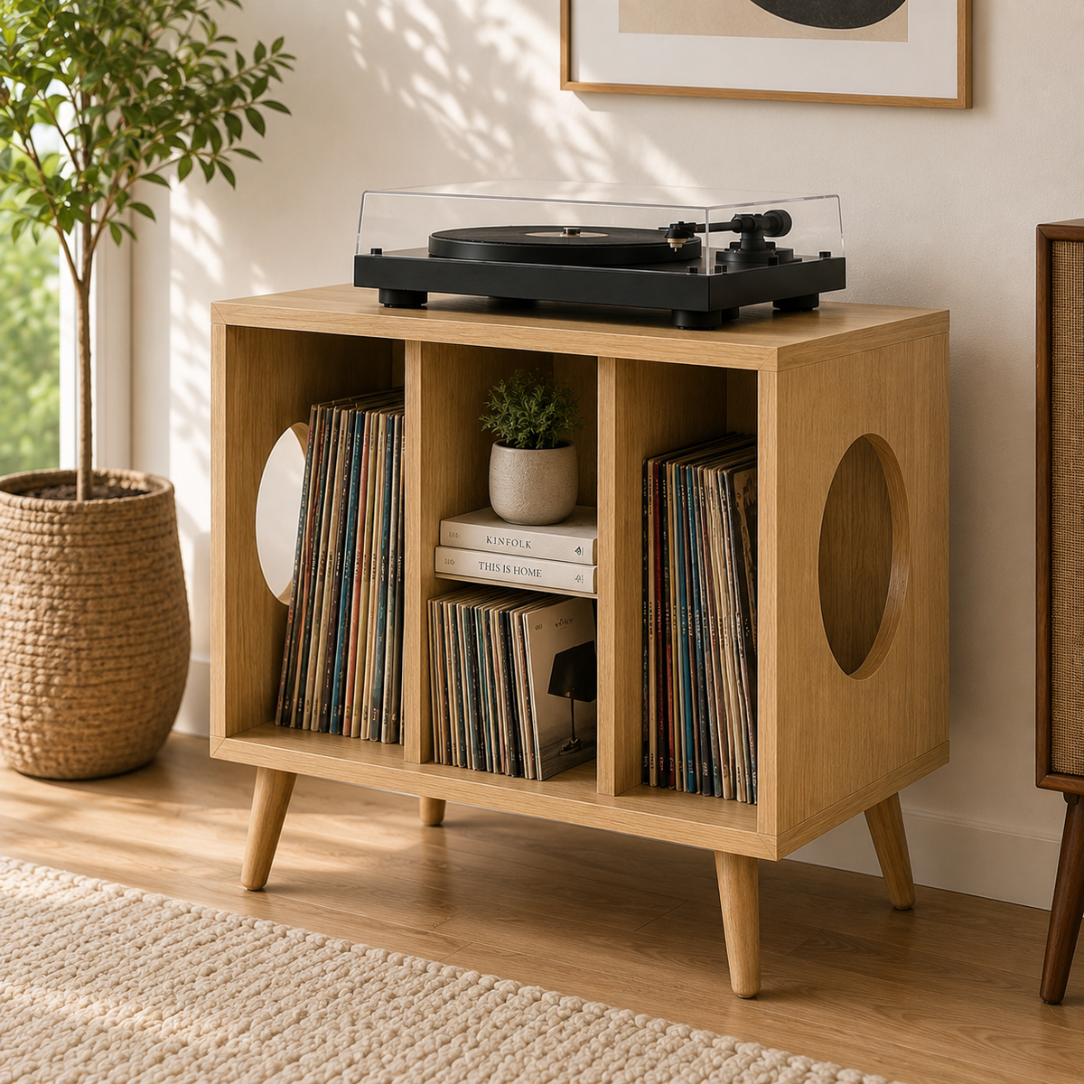 レコードプレーヤー用コンパクトスタンド（レコード収納付き）– ターンテーブルスタンド＆LPレコード整理ラック、55cm
