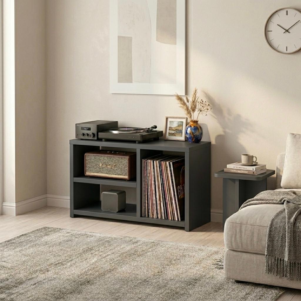 Low Record Player Stand with Vinyl Storage – Turntable Stand & LP Organizer
