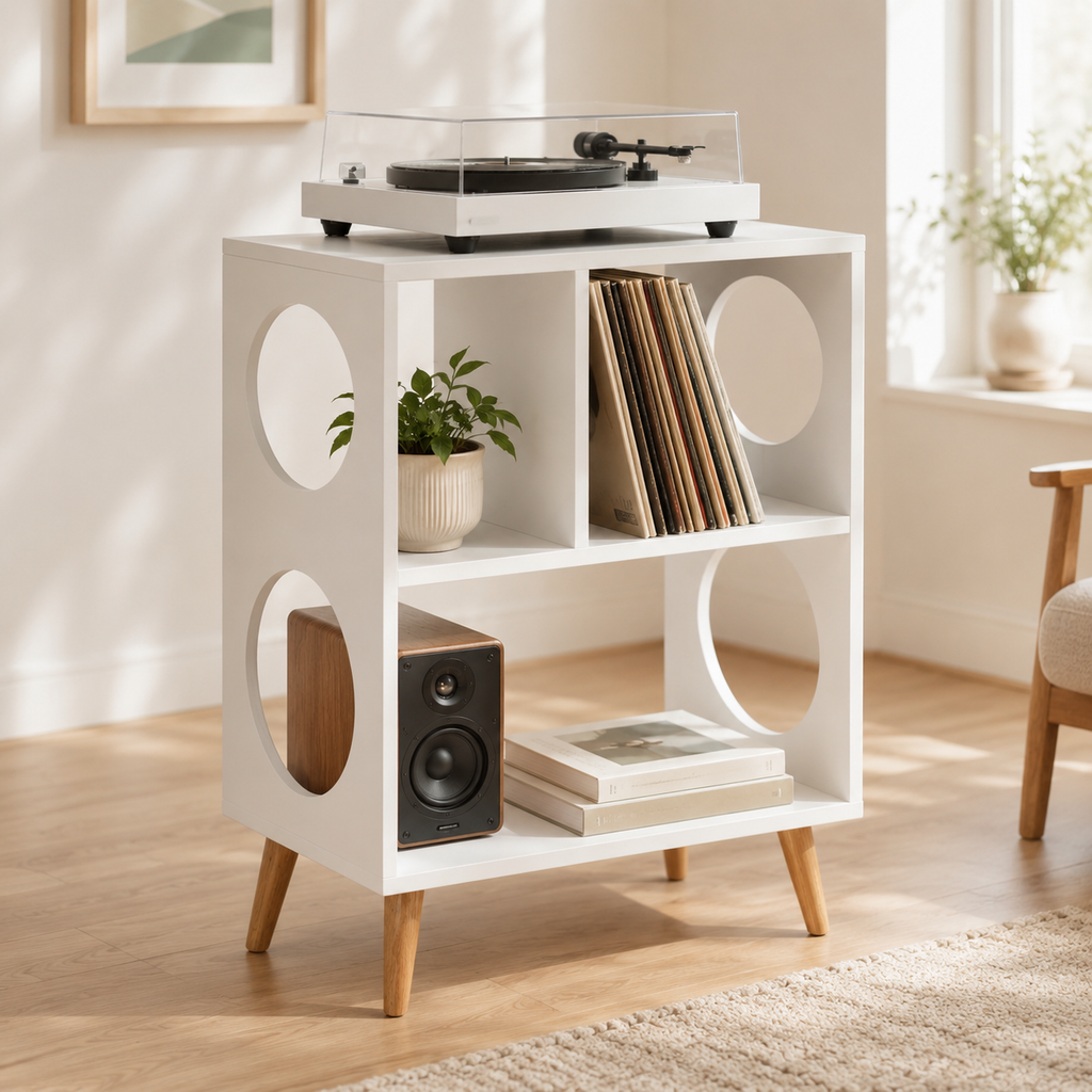 Narrow Record Player Stand with Vinyl Storage – Mid-Century Turntable Stand & LP Organizer