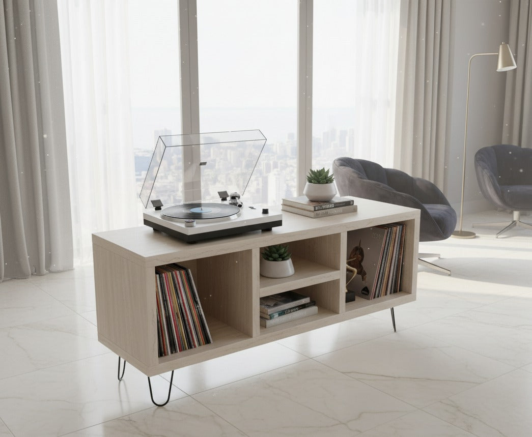 Low Profile Record Player Stand with Vinyl Storage – Turntable Cabinet & LP Organizer