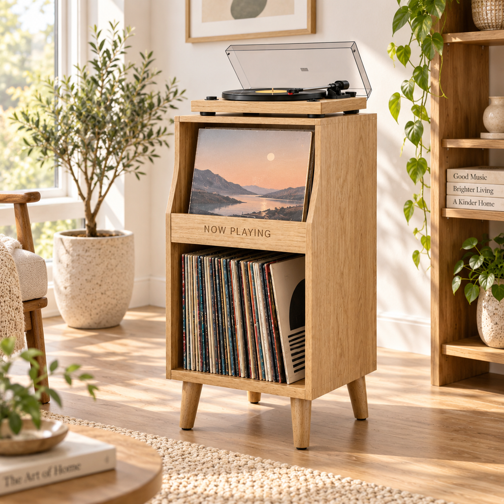 Tall Narrow Record Player Stand with Vinyl Storage – Compact Turntable Cabinet
