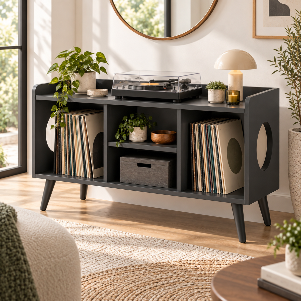 Record Player Stand with Vinyl Storage – Modern Turntable Stand & LP Organizer