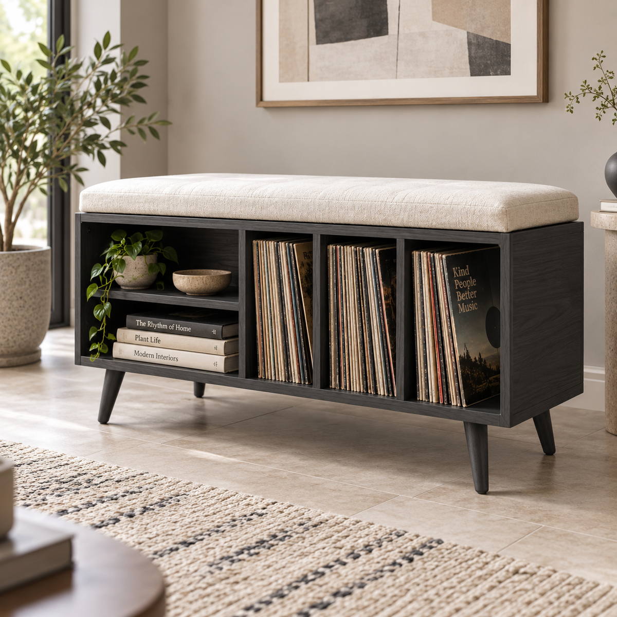 Vinyl Record Storage Bench – LP Organizer & Listening Room