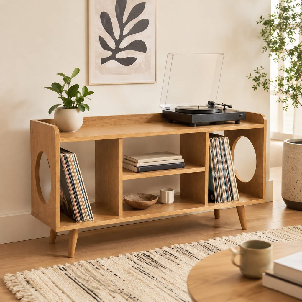 Mid-Century Record Player Table – Turntable Stand with Vinyl Storage & LP Organizer