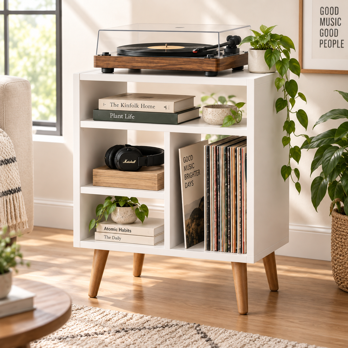 Modern Record Player Stand with Vinyl Storage – Turntable Stand & LP Organizer