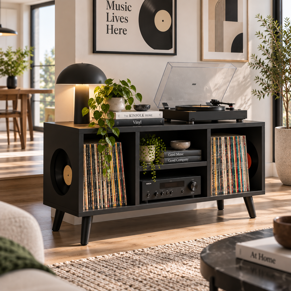 Vinyl Record Storage Console with Turntable Stand – Modern LP Media Cabinet