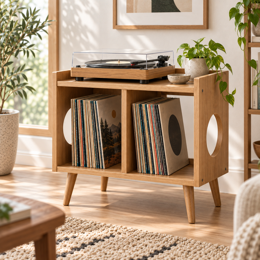 Narrow Record Player Stand with Vinyl Storage – Compact Turntable Cabinet, 45 cm Wide