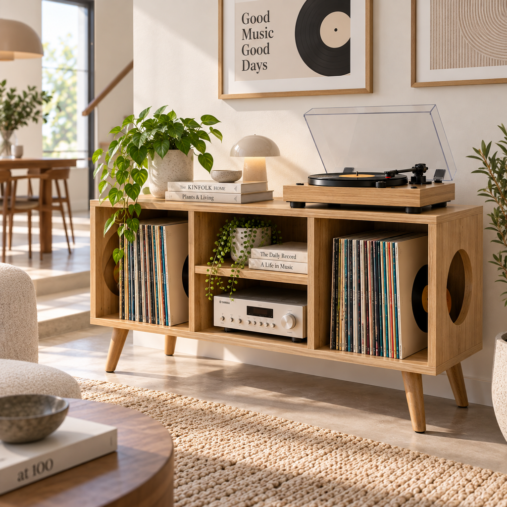 Vinyl Record Storage Console with Turntable Stand – Modern LP Media Cabinet