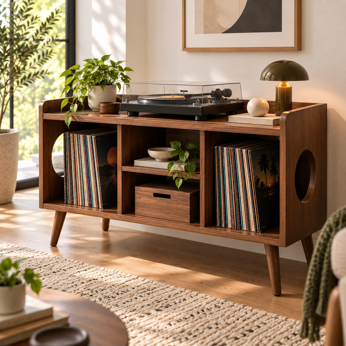 Record Player Stand with Vinyl Storage – Modern Turntable Stand & LP Organizer