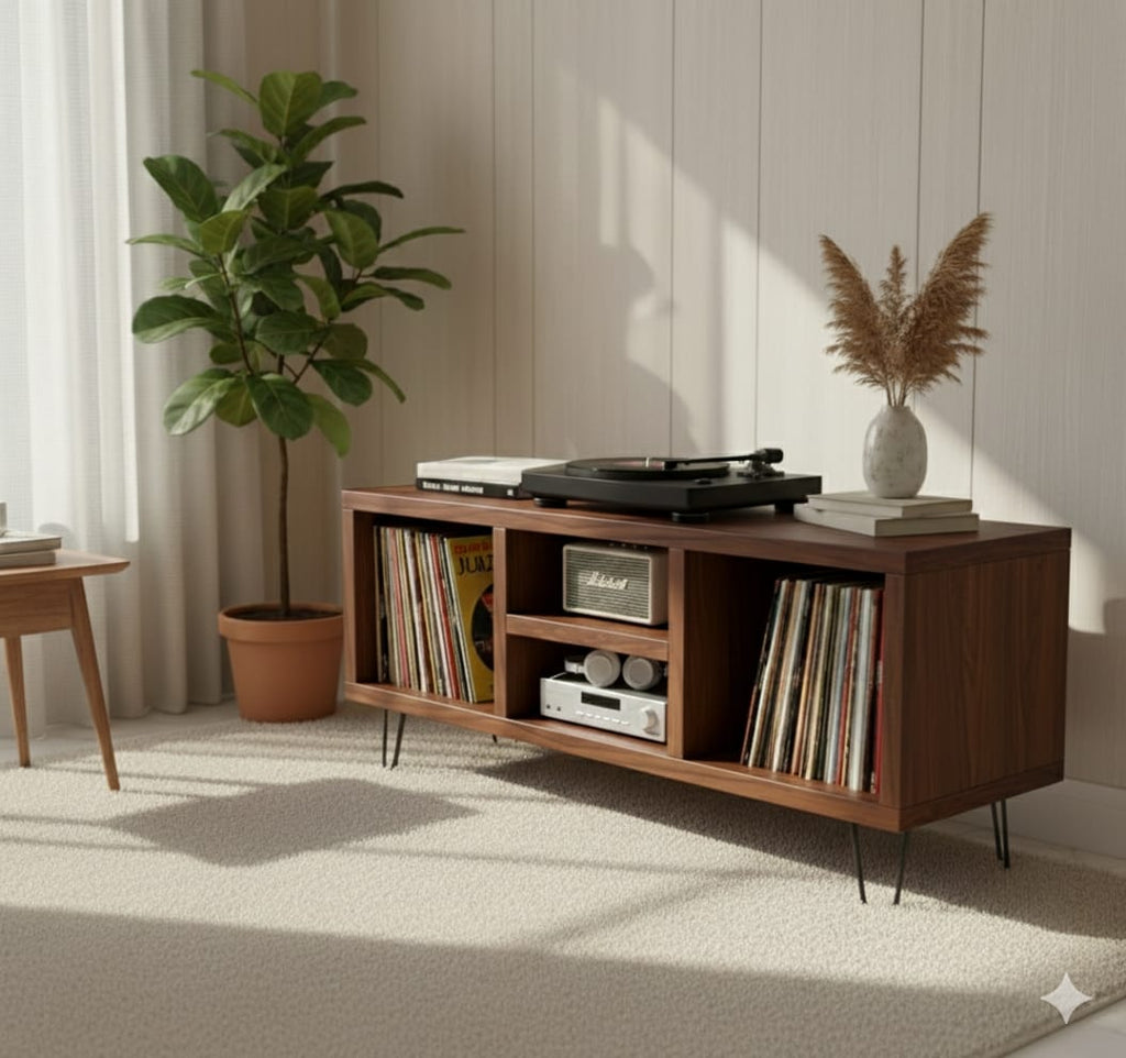Modern Record Player Stand with Vinyl Storage – Turntable Table & LP Organizer