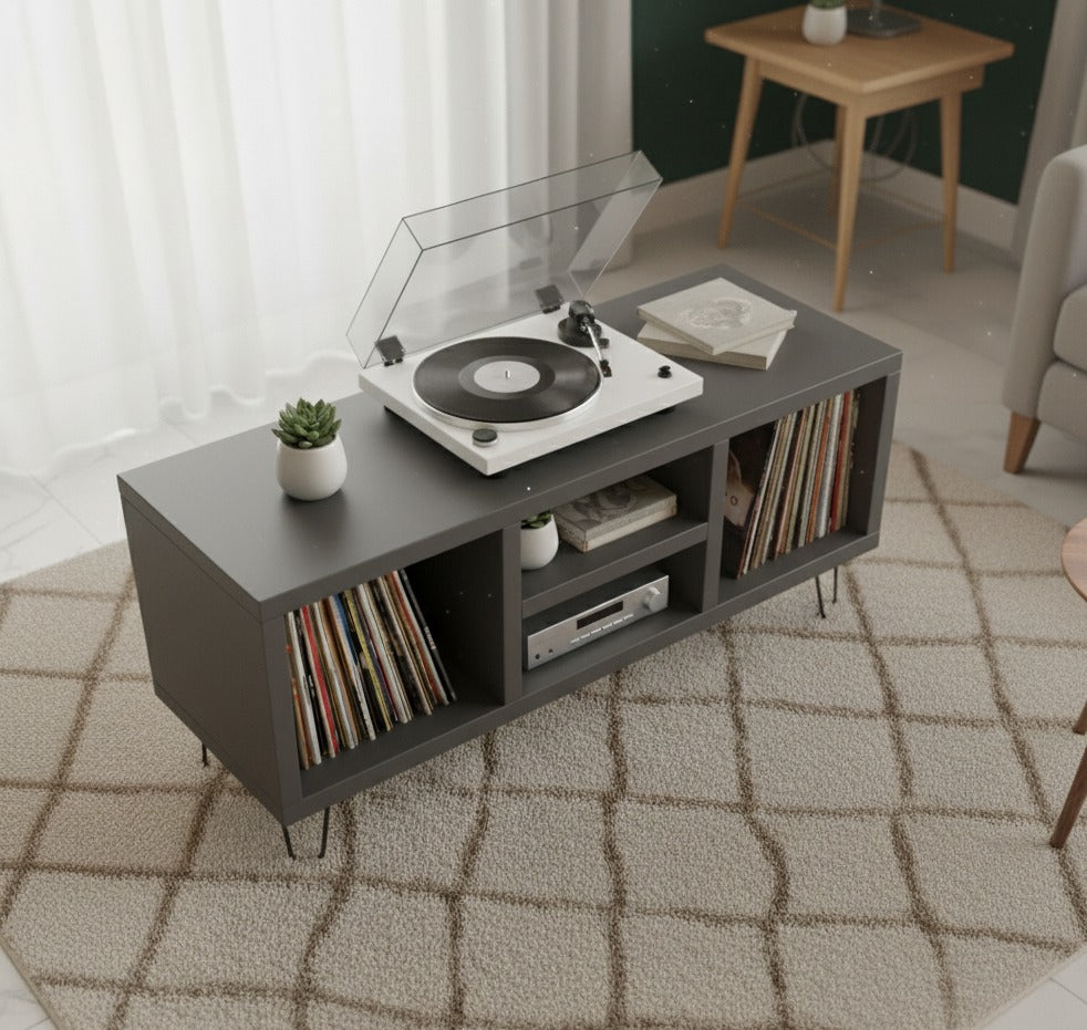 Low Profile Record Player Stand with Vinyl Storage – Turntable Cabinet & LP Organizer