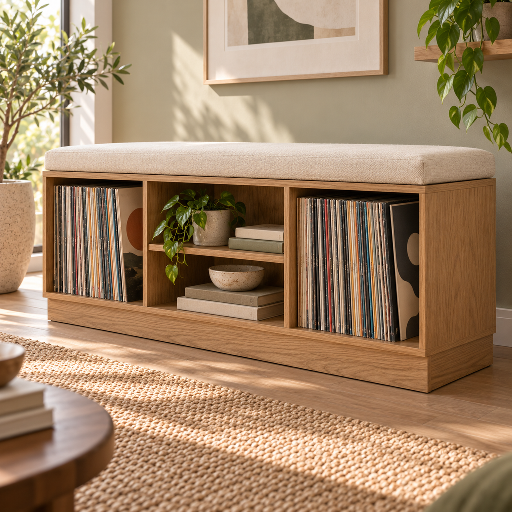 Vinyl Record Storage Bench – LP Organizer & Listening Room