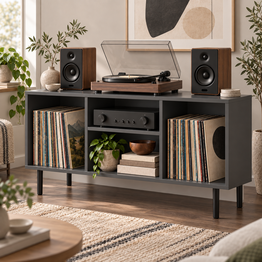Modern Record Player Stand with Vinyl Storage – Turntable Table & LP Organizer