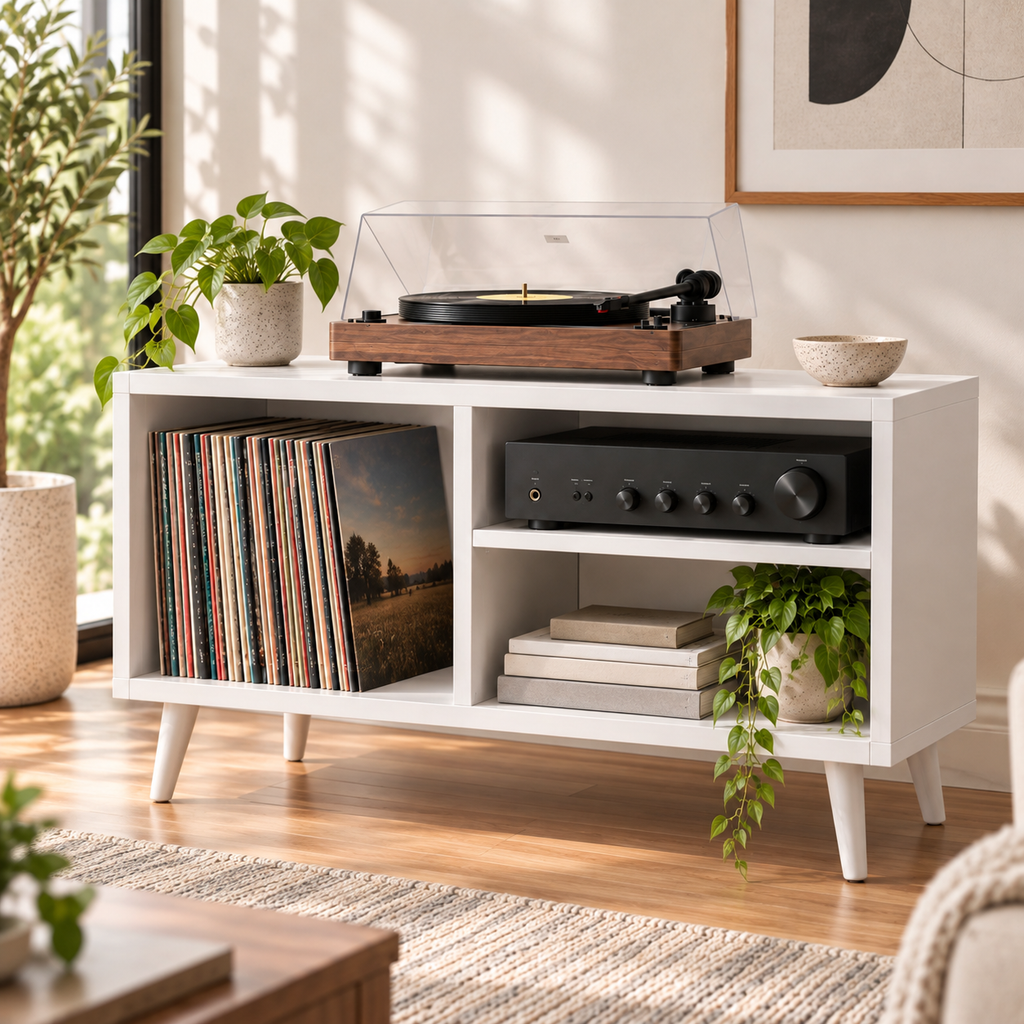 Modern Record Player Stand with Vinyl Storage – Turntable Table & LP Organizer