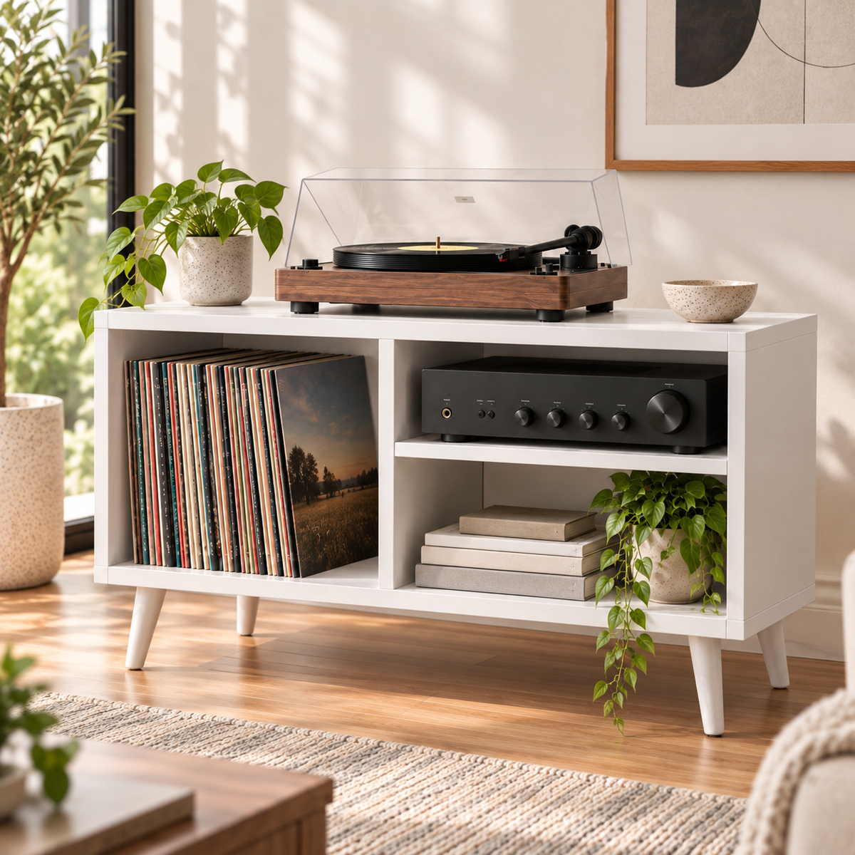 Modern Record Player Stand with Vinyl Storage – Turntable Table & LP Organizer