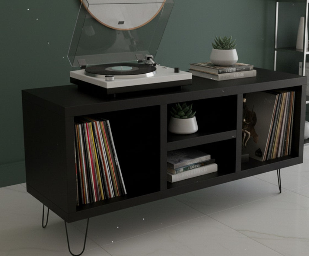 Low Profile Record Player Stand with Vinyl Storage – Turntable Cabinet & LP Organizer