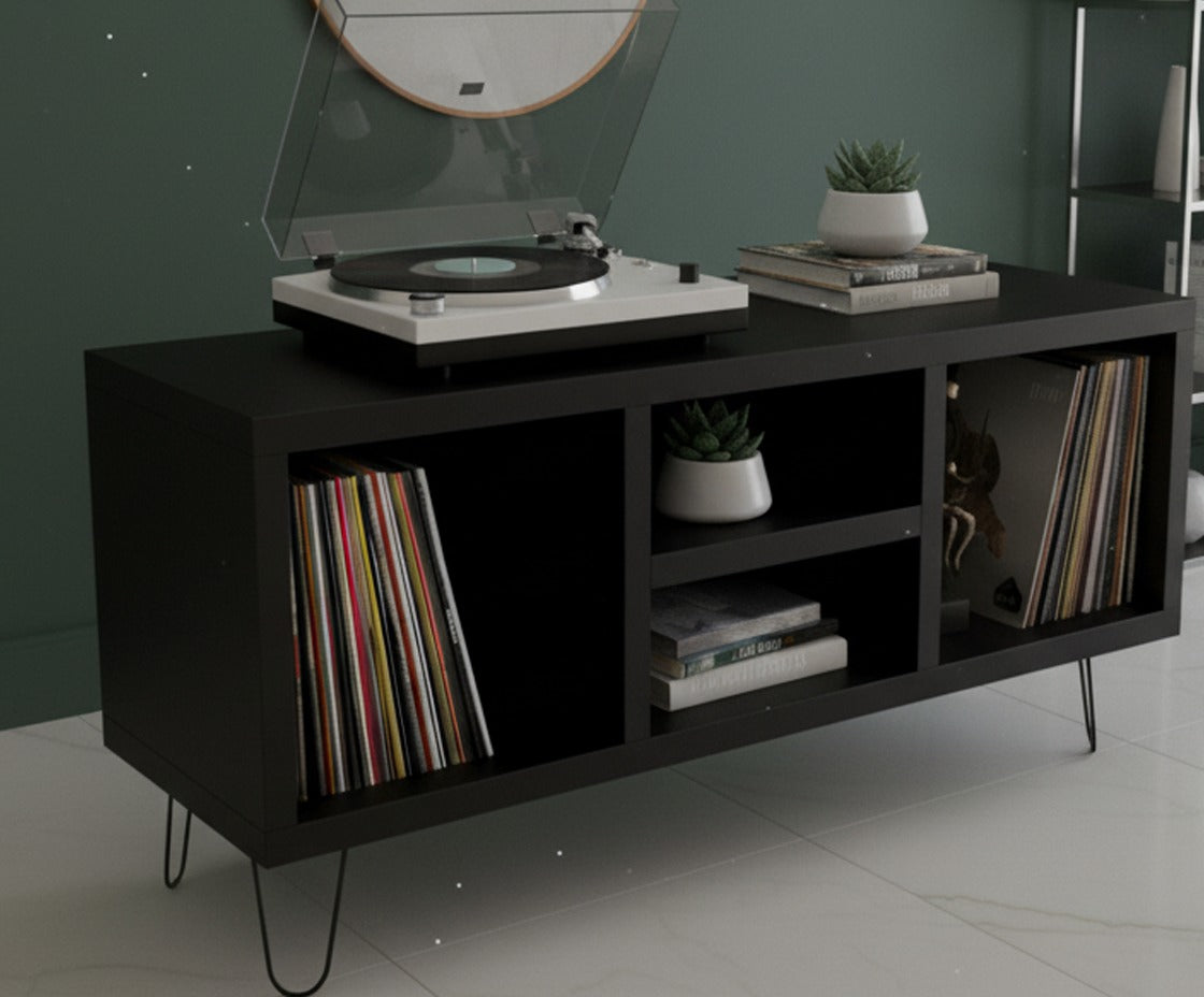 Low Profile Record Player Stand with Vinyl Storage – Turntable Cabinet & LP Organizer